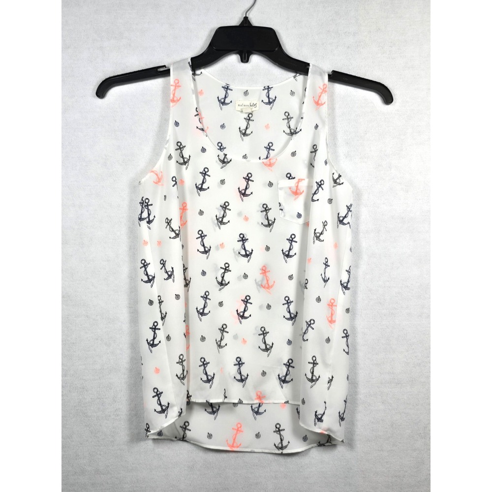 Maison Jules Womens Tank Top Sleeveless Chiffon Anchors Coastal Nautical XS